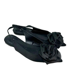 Zara Straple Flat Shoes with Flowers Black Satin Rosette Size 36 US‎ 5